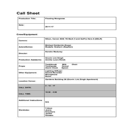 Call sheet 1