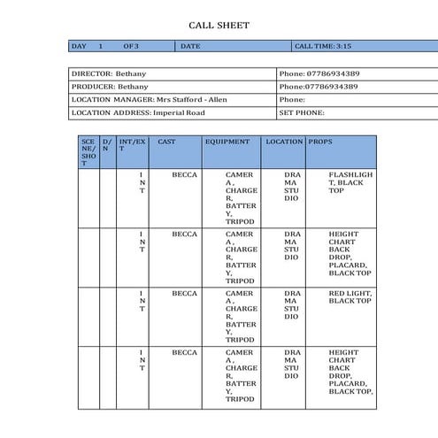 Call sheet 1 FINAL | DOCX