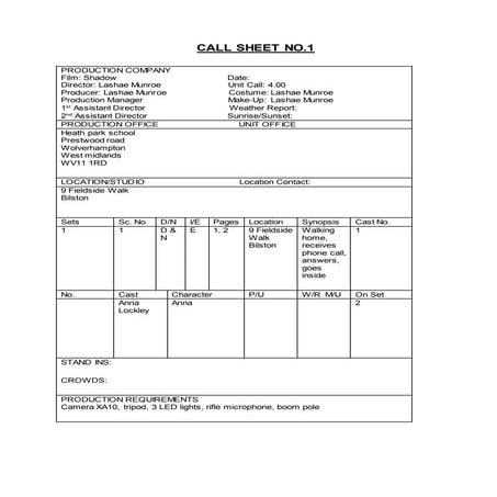 Call sheet 
