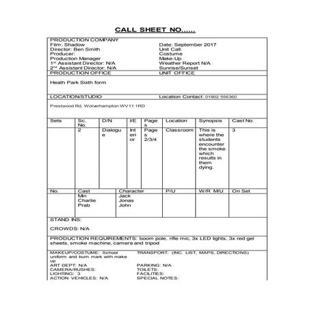 Production call sheet | DOCX