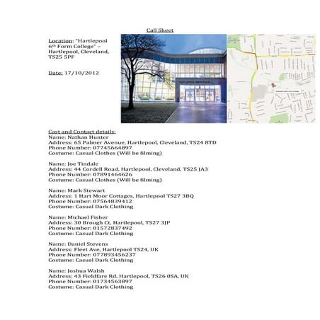 Call Sheet - Sixth Form