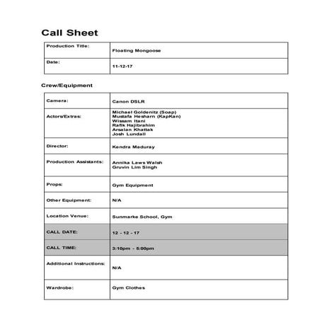 Call sheet 2