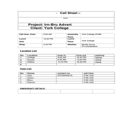 Call sheet 2017