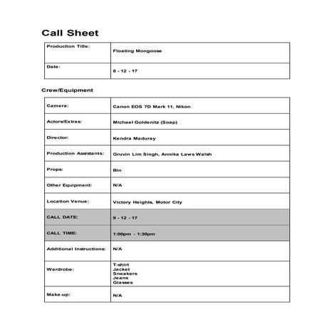 Call sheet 3