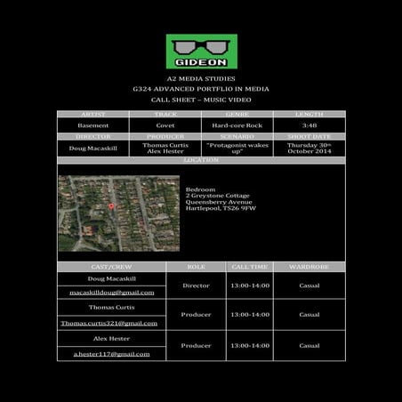 Call Sheet - Bedroom