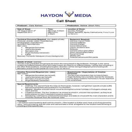 Call sheet- Clara Barroso