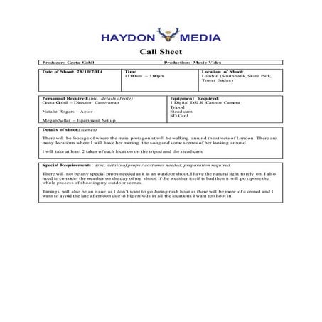 Call sheet outdoor shoot