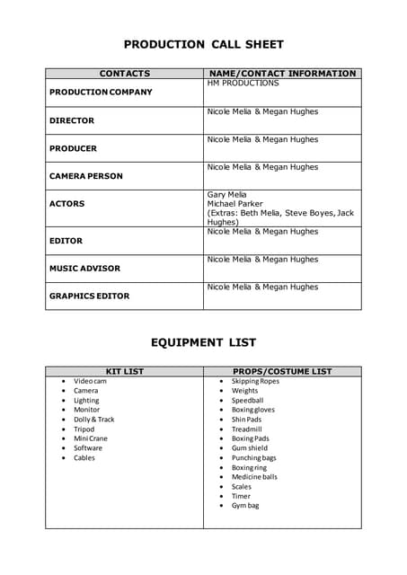 Call sheet, risk assessment and sho...