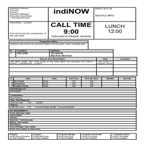 Call sheet