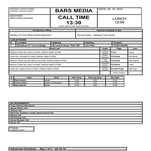 Callsheet for My Magazine | DOCX