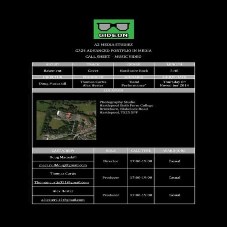 Call Sheet TV Studio