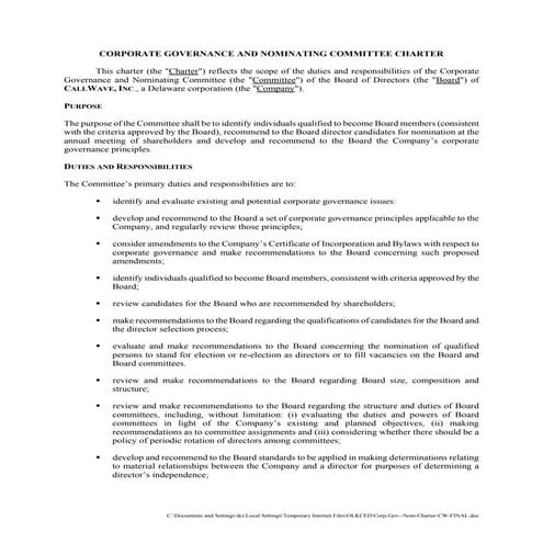 Call Wave Corporate Governance Compensation Committee Charter