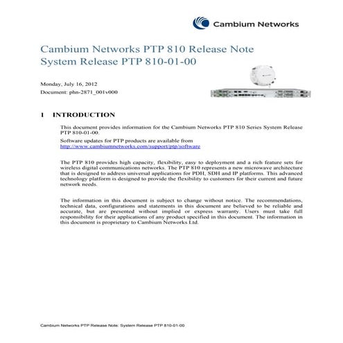 Cambium network ptp 810 series 01 00 system release note | PDF