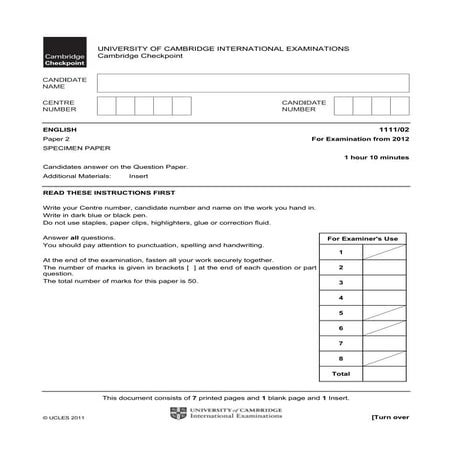 Cambridge checkpoint english p2 specimen 2012