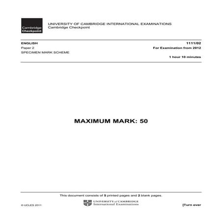Cambridge checkpoint english p2 specimen mark scheme 2012