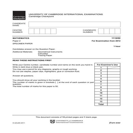 Cambridge checkpoint maths p2 specimen 2012