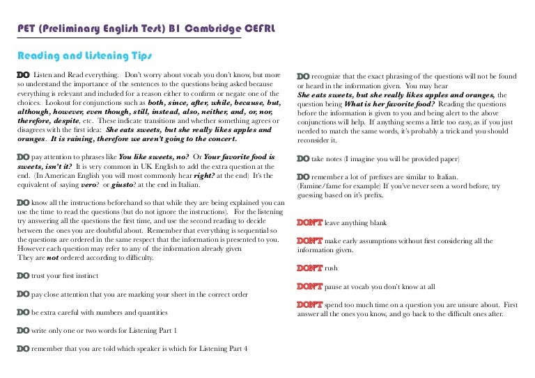 Cambridge PET Test Taking Tips