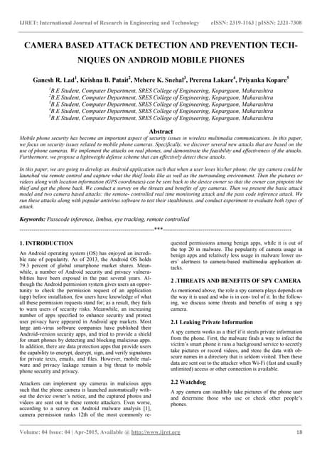 Camera based attack detection and prevention tech niques on android mobile ph...