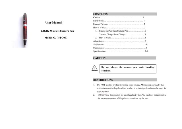 Wireless Spy Camera pen users manual