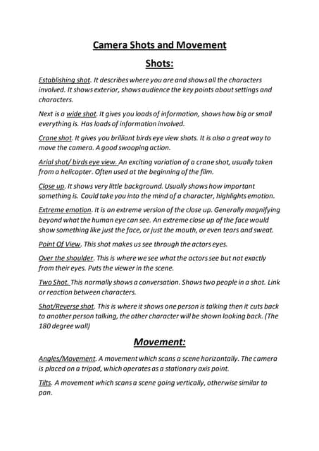Camera shots and movements | PDF