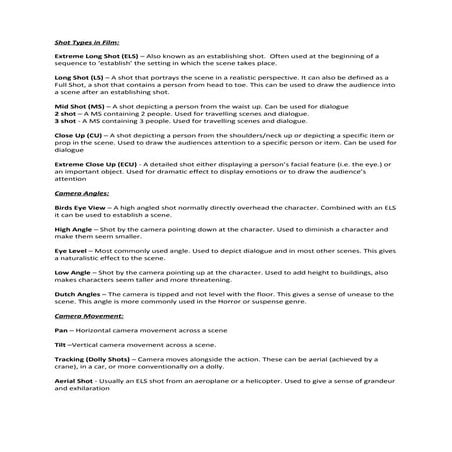 Camera shots, angels + movement handout