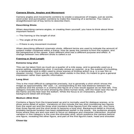 Camera Shots, Angles and Movement