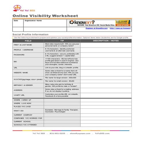 Online Visibility Worksheet for Social Profiles