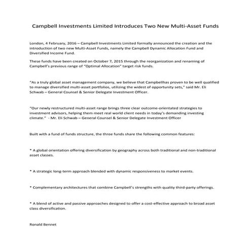 Campbell Investments Limited Introduces Two New Multi-Asset Funds