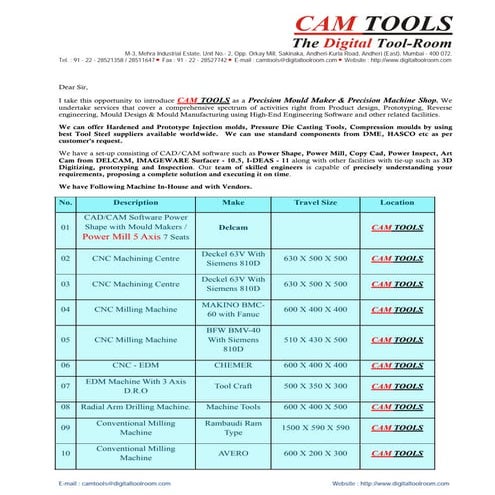 C A M  T O O L S   I N T R O D U C T I O N    L E T T E R