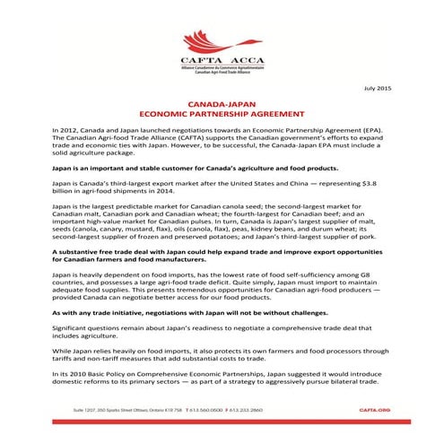 CANADA - JAPAN ECONOMIC PARTNERSHIP AGREEMENT