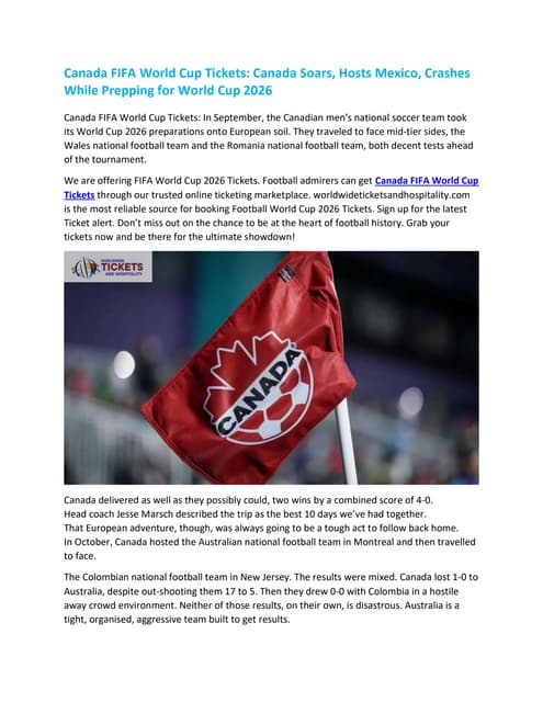 Canada FIFA World Cup Tickets Canada Soars, Hosts Mexico, Crashes While Prepp...