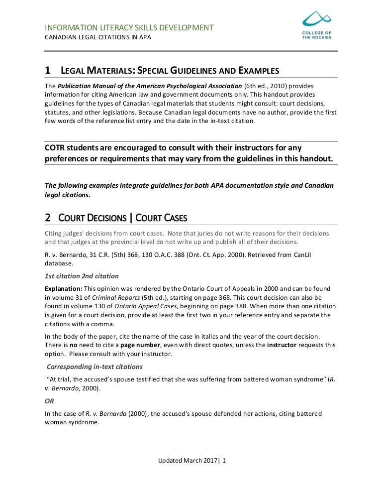 Canadian legal decisions in APA citation style