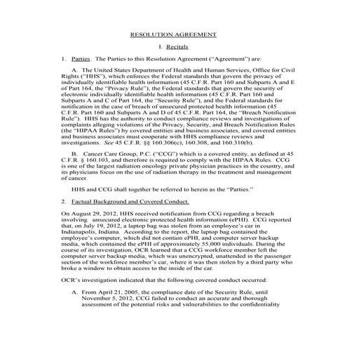 Cancer Care Group HIPAA Settlement Agreement