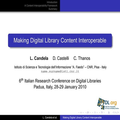 Making Digital Library Content Interoperable @ IRCDL 2010 | PPT