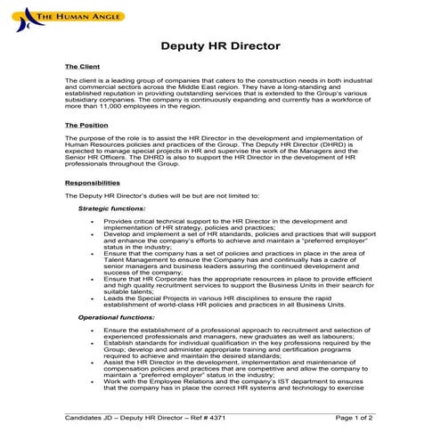Candidate jd deputy hr director ref 4371