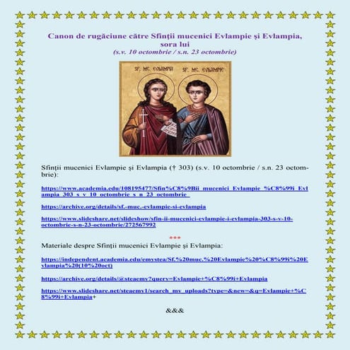 Canon de rugăciune către Sfinţii mucenici Evlampie şi Evlampia, sora lui (s.v. 10 octombrie / s.n. 23 octombrie)