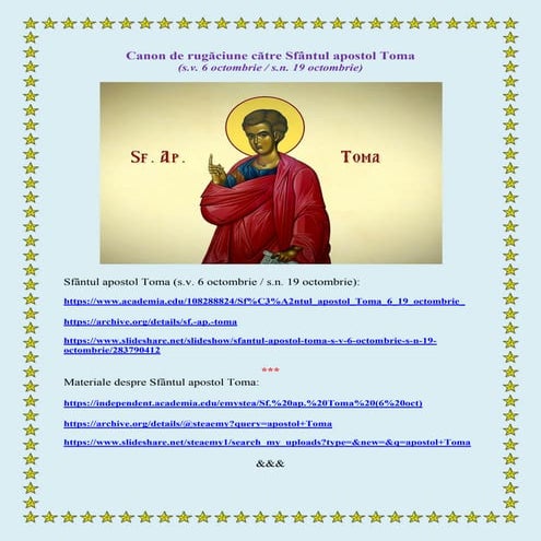Canon de rugăciune către Sfântul apostol Toma (s.v. 6 octombrie / s.n. 19 octombrie)