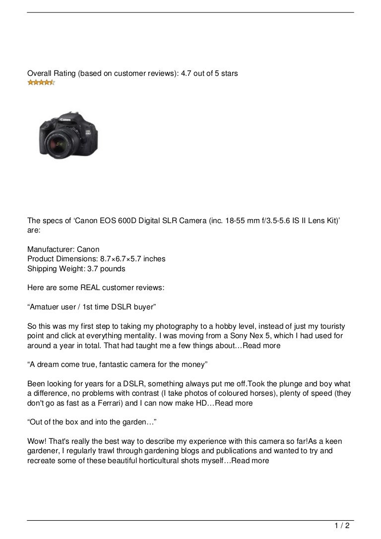 Canon Eos 600d Digital Slr Camera Inc 18 55 Mm F 3 5 5 6 Is Ii Lens