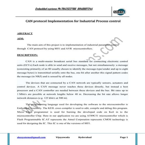 Can protocol implementation for industrial process control