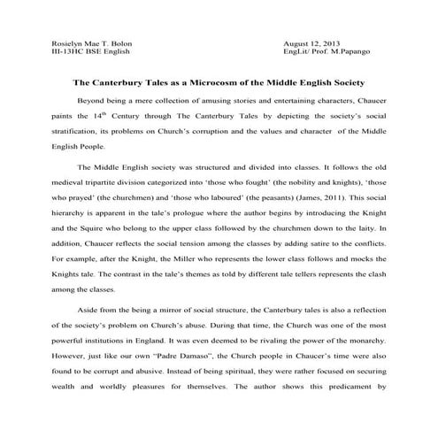 Canterbury Tales as a Microcosm of the Middle English Society