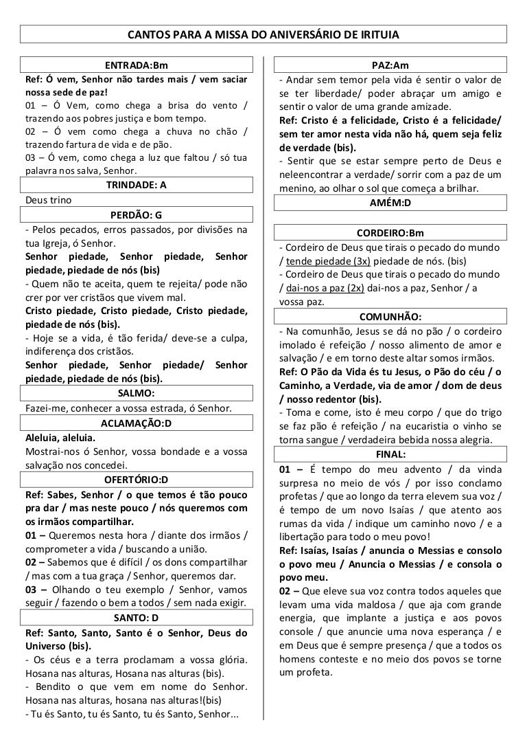 Canto De Entrada Para Missa De Formatura Cantos Para A Missa Do Aniversario De Irituia