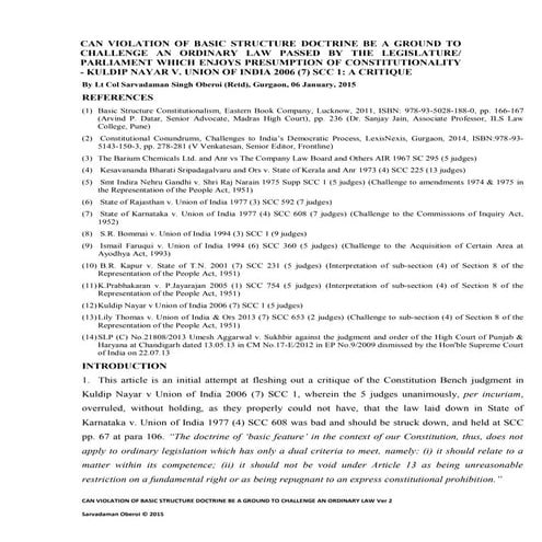 Can violation of basic structure doctrine be a ground to challenge an ordinar...