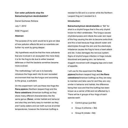 Can water pollutants stop the batrachochytrium dendrobatidis proposal for ris...