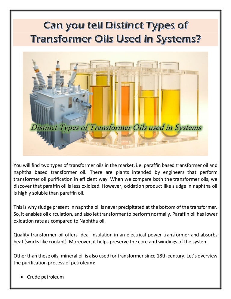 Can you tell Distinct Types of Transformer Oils Used in Systems?