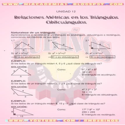 RELACIONES  MÉTRICAS EN  LOS TRIÁNGULOS OBLICUÁNGULOS