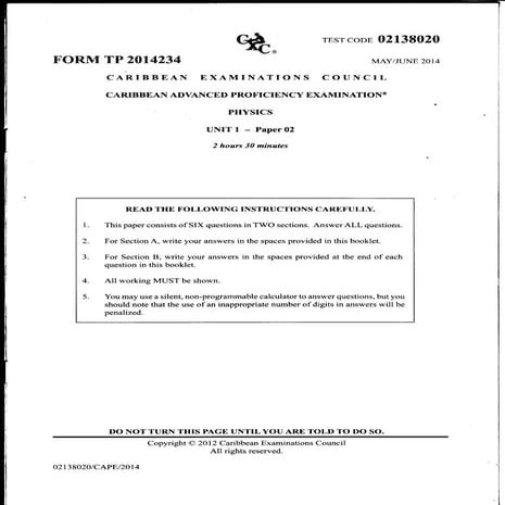 Cape physics unit 1 - paper 2 - 2014 | PDF