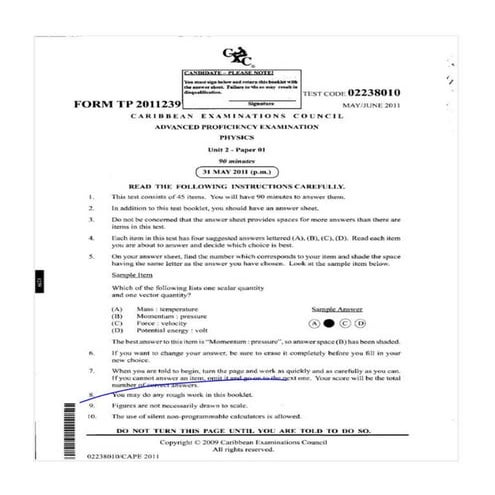 CAPE Physics 2011 Unit 2 p1