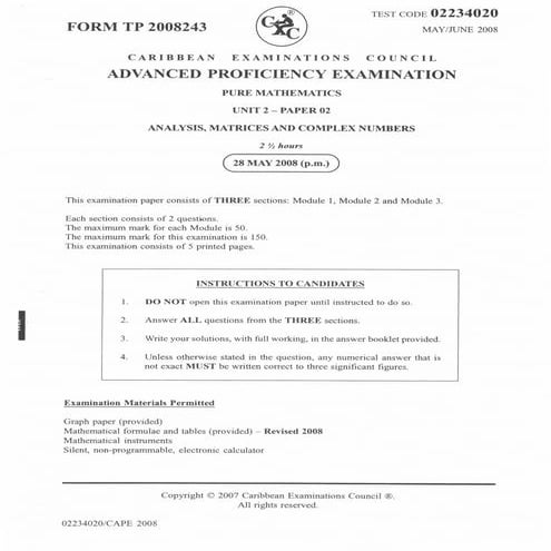 Cape pure math 2008 unit 2 paper 2 | PDF