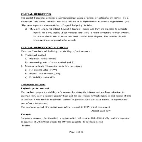 Capital budgeting methods lecture notes