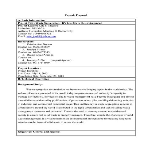 Capsule proposal in Waste Segregation: It's Benefits to the Enviroment